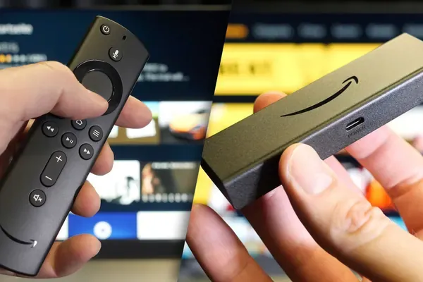Hände halten Fire TV Stick und Fernbedienung zum Einrichten von IPTV
