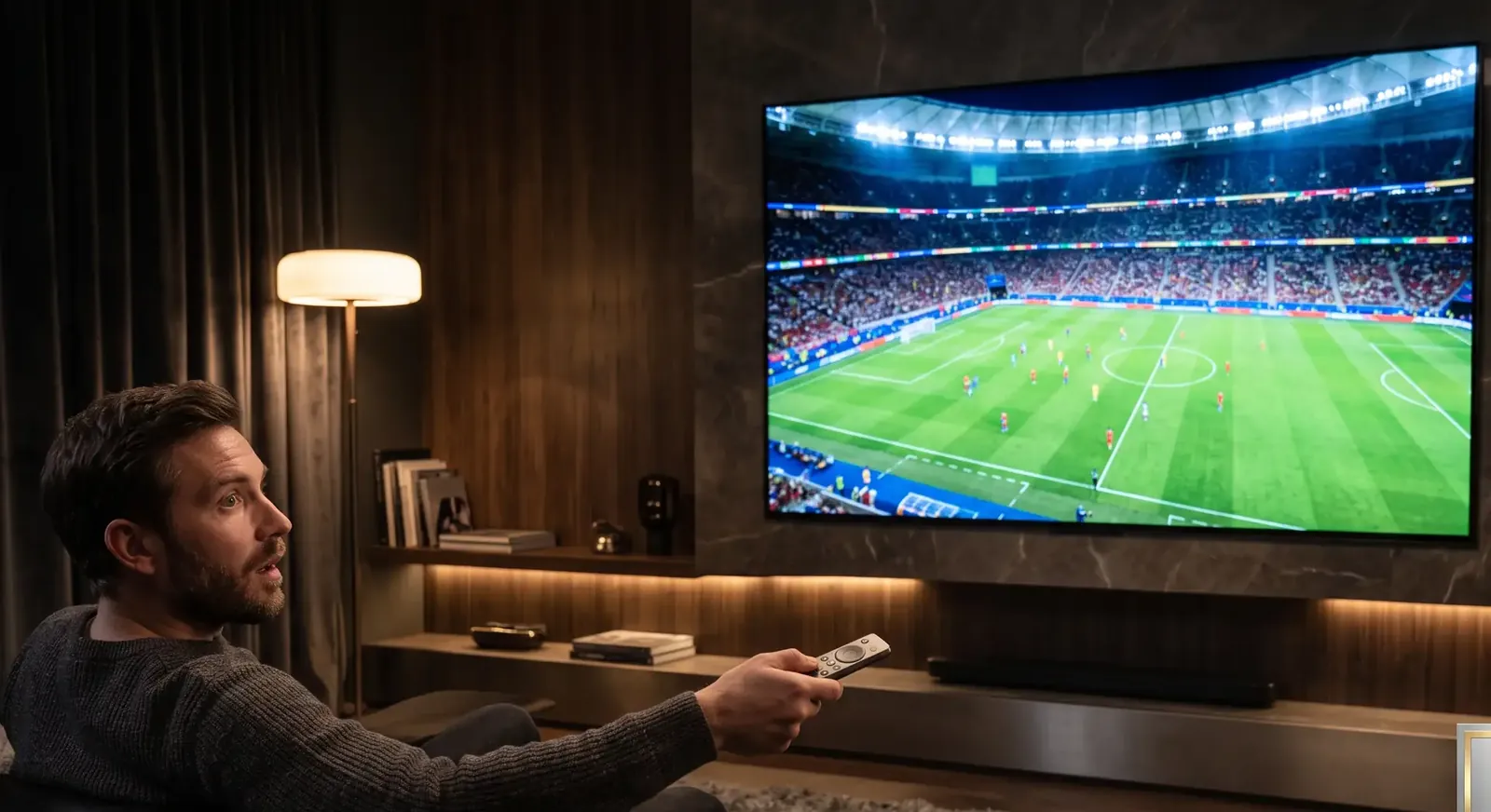 Mann auf dem Sofa schaut Fußball auf großem TV – IPTV Anbieter für Deutschland