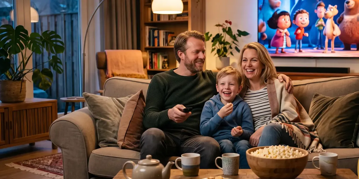 Familie lacht beim Filmabend mit Popcorn auf dem Sofa – IPTV Anbieter in Essen