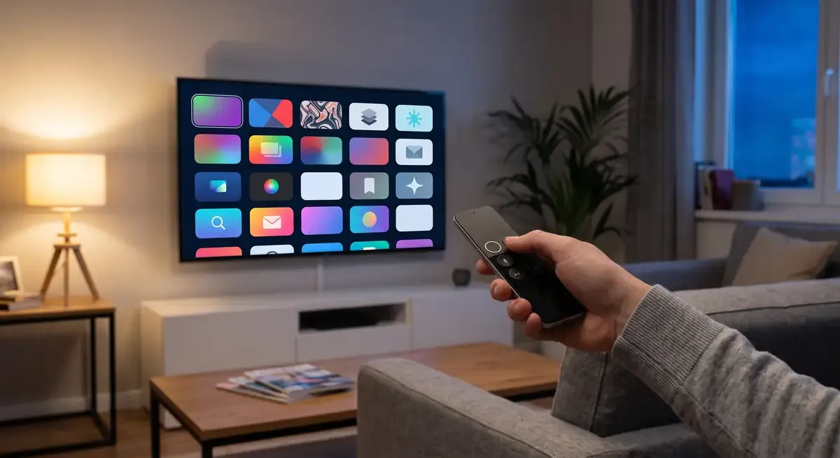 Hand mit Apple-TV-Fernbedienung vor App-Übersicht beim IPTV Anbieter in Nürnberg