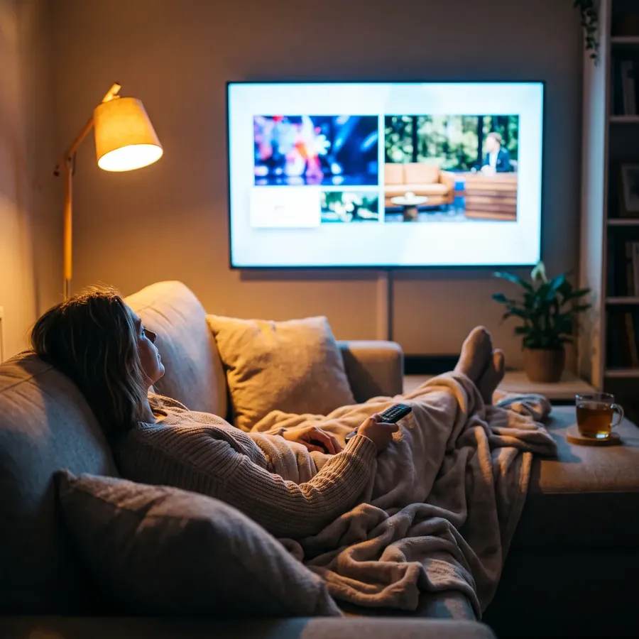Frau unter einer Decke schaut abends fern mit dem IPTV Anbieter für Deutschland