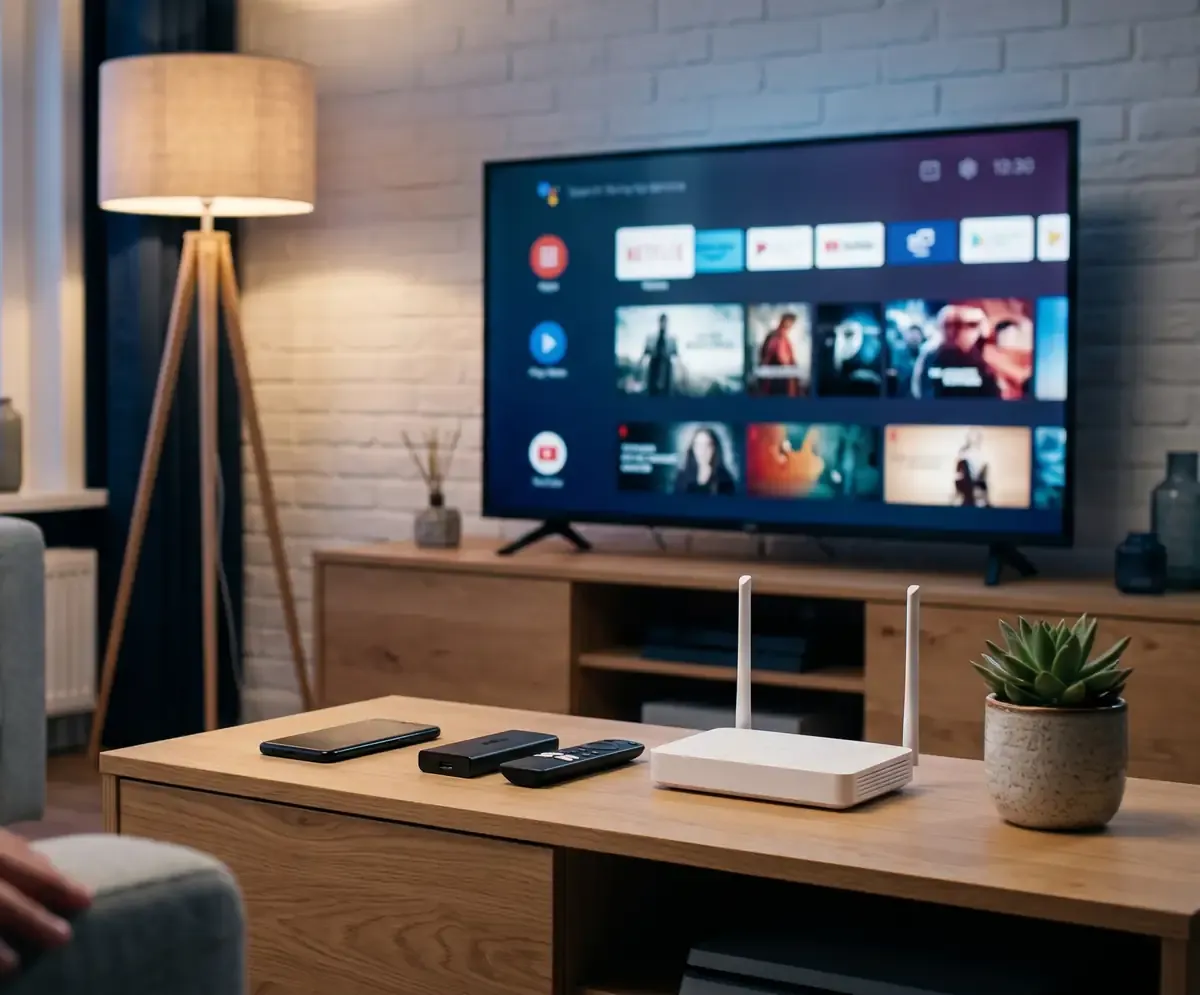 Fernseher mit Fire TV Stick und Router, IPTV Einrichtung im Wohnzimmer