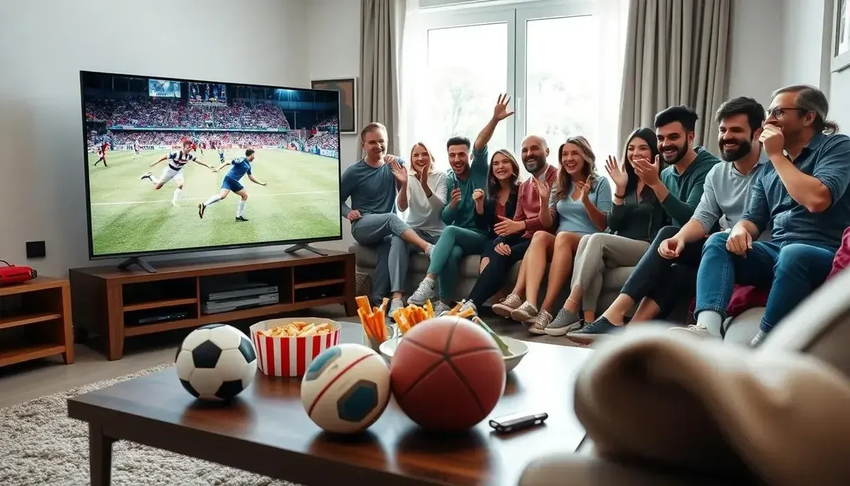 Freunde jubeln im Wohnzimmer über ein Fußballspiel nach dem IPTV kaufen