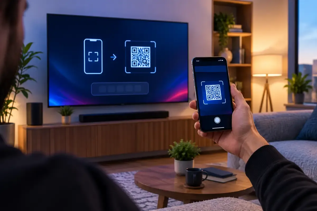 Smartphone vor dem Fernseher beim Aktivieren der IPTV App auf Samsung oder LG