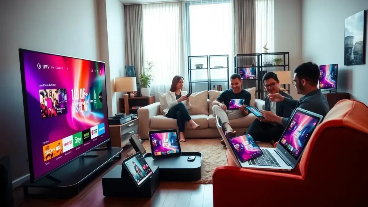 Gruppe nutzt Fernseher, Laptops und Tablets auf rotem Sofa als IPTV Reseller