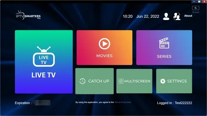 Startbildschirm von IPTV Smarters Pro mit Live-TV, Filmen und Serien